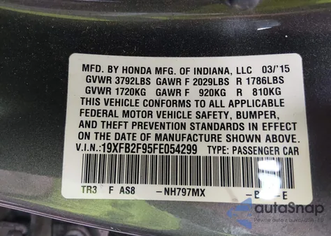 2015 Honda Civic Ex-L from USA, damaged, VIN 19XFB2F95FE054299
